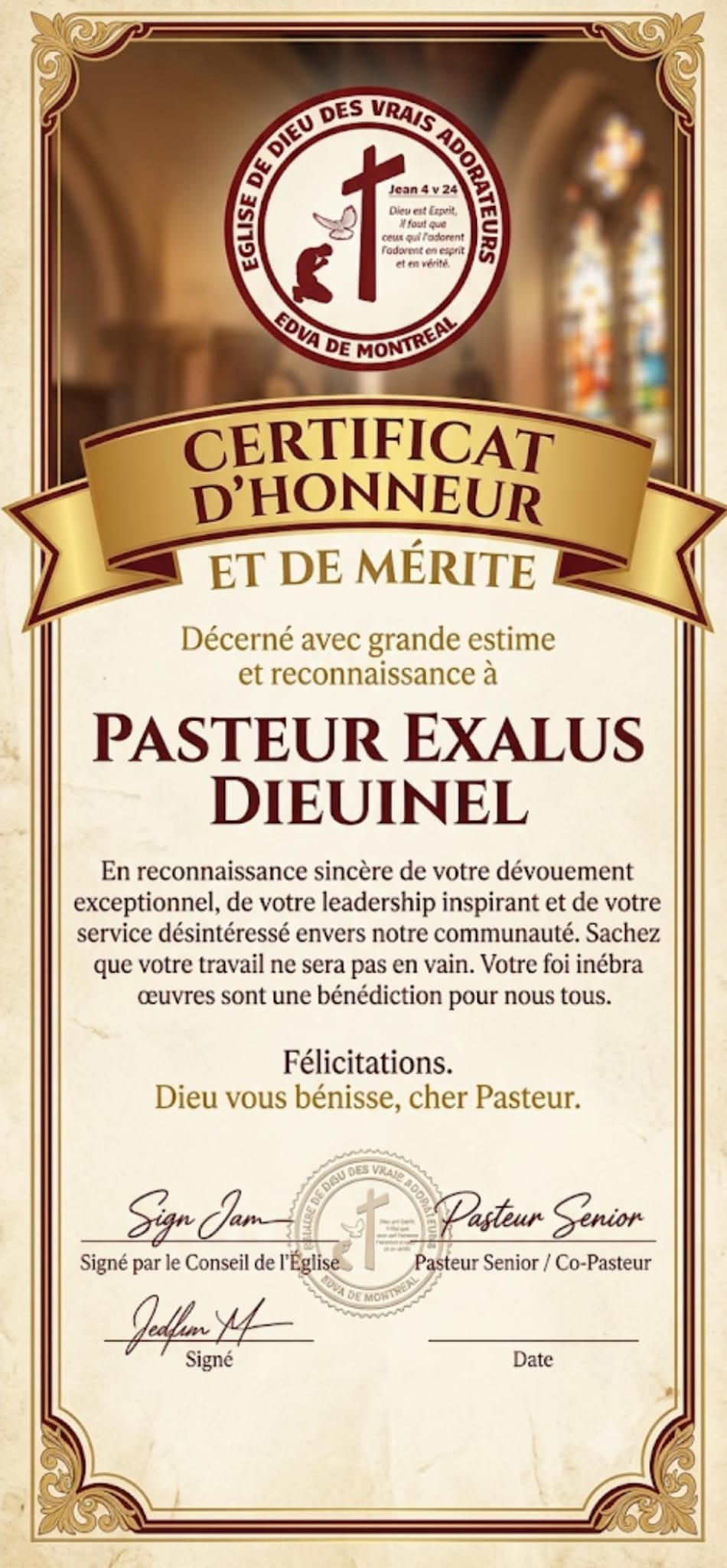 Certificat d’honneur et de mérite remis au Pasteur Exalus Dieunel